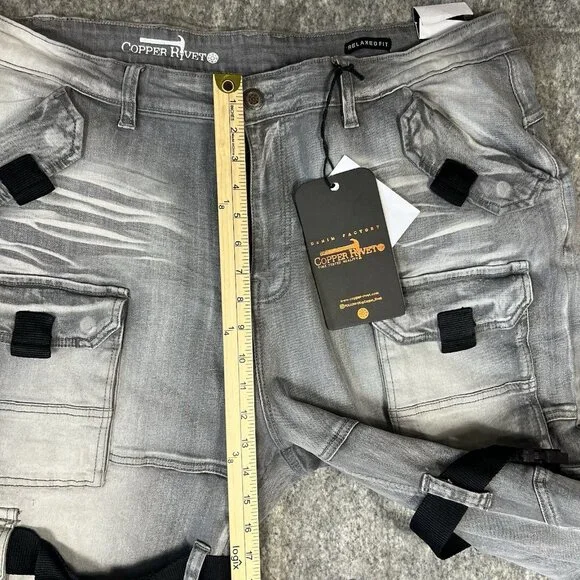 Copper Rivet Relaxed Fit Cargo Utility Pants 42x32 Gray Buckle Strap Moto Street